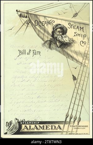 Oceanic Steam Ship Company : Steamship Alameda, K Van Oterendorp, commandant. Note de tarif. Dimanche 25 avril 1897?. Schmidt Label & Lith Co. S.F. 1897?, Un menu du petit déjeuner, liste : petit déjeuner délice ?, mulets frits, vivaneau fumé, filets de bœuf espagnol, côtelettes de mouton et chips de pomme de terre, poulet grillé sur toast, côtelettes de porc avec pommes frites, bananes frites? saucisse, tripes frites dans du beurre, .. bacon de foie et ., oeufs .. frits et bouillis ., pommes de terre bouillies et écrasées, petits pains chauds ..toast, groseille .. thé, café, cacao Banque D'Images
