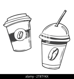 Coffee To Go gobelets en papier illustration vectorielle dessinée à la main. Boissons chaudes à emporter Illustration de Vecteur