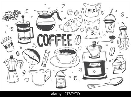 Ensemble de doodles, croquis simples dessinés à la main, divers types de café, ingrédients et appareils pour la préparation du café. Vecteur isolé sur backgro blanc Illustration de Vecteur