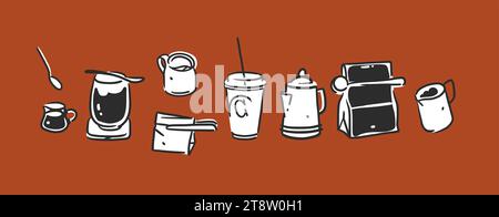 Dessin à la main vecteur abstrait graphique doodle simple minimaliste illustrations de ligne avec l'équipement de brassage de café, la préparation des boissons de café. Vecteur de café Illustration de Vecteur