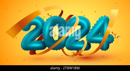 Bonne année 2024. Ballon de vacances numéros 2024 avec confettis. Affiche ou bannière festive. Illustration vectorielle Illustration de Vecteur