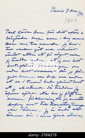 Lettres envoyées, Hugo Simberg à sa sœur Elsa Simberg 7.12.1903, Paris Banque D'Images