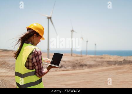 Ingénieur travaillant dans un parc éolien alternatif renouvelable. Concept industriel respectueux du développement durable Banque D'Images