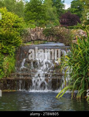 Prise dans le parc du Bishops Palace à Wells, Somerset Angleterre, Royaume-Uni, à l'été 2022, montrant une passerelle au-dessus d'une cascade dans le jardin de Wells. Banque D'Images