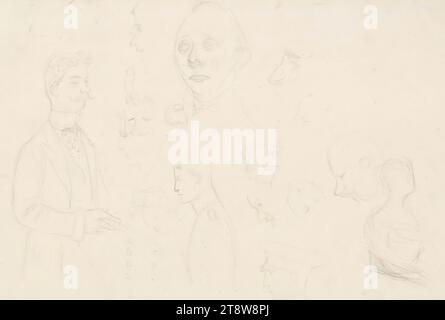 Albert Edelfelt, 21.7,1854, Kiiala Manoir, Porvoo municipalité, 18.8,1905, Haikko, municipalité de Porvoo, homme debout, portrait en demi-longueur, cigare à la main et une douzaine de croquis faciaux, y compris de soldats, 21 × 33 cm, crayon Banque D'Images