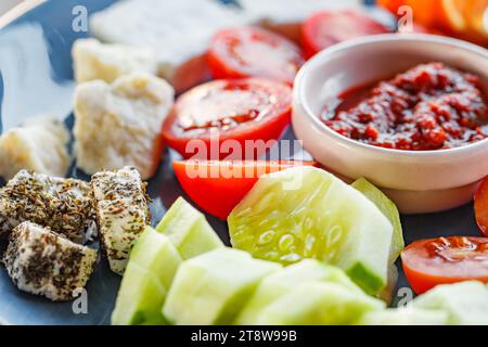 Apéritifs, collations, fromage, concombres, tomates, sauce, sur assiette, mise au point sélective. Banque D'Images