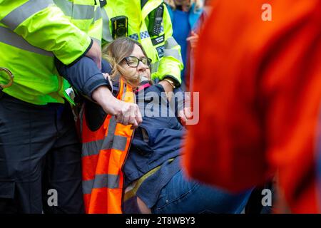 Londres, Royaume-Uni. 21 novembre 2023. Arrêtez les manifestants pétroliers à Whitehall où ils commencent à manifester et sont arrêtés crédit : Richard Lincoln/Alamy Live News Banque D'Images