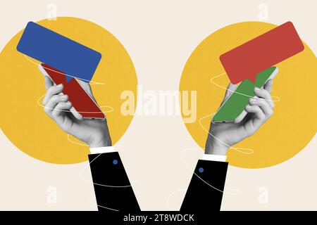 Illustration créative pop collage de deux personnes les travailleurs ont une interaction de contact d'emploi sur le chat d'application Web Banque D'Images