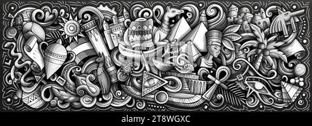 Illustration vectorielle avec le thème Egypte doodles. Design de bannière monochrome, capturant l'essence de la culture et des traditions égyptiennes à travers carto ludique Illustration de Vecteur