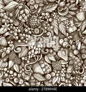 Dessin animé vecteur doodles sur le sujet de Berry fruits Seamless motif présente une variété d'objets et de symboles de baies. Monochrome ludique fantaisiste Illustration de Vecteur