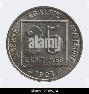 Pièce de 25 centimes en nickel de la IIIe République, 1903, Patey, Henri Auguste Jules, graveur en médailles, Array, Numismatique, menthe, Paris, diamètre : 2,4 cm, poids (dimension du type) : 7,11 g. Banque D'Images