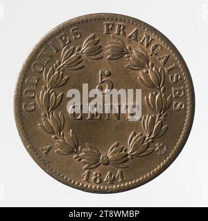 Pièce de 5 centimes de franc des colonies françaises sous Louis-Philippe, 1841, Tiolier, Nicolas-Pierre, graveur en médailles, barre, Jacques-Jean, graveur en médailles, en 1841, numismatique, monnaie, Paris, Paris, diamètre : 2,4 cm, poids (taille des caractères) : 10,6 g. Banque D'Images