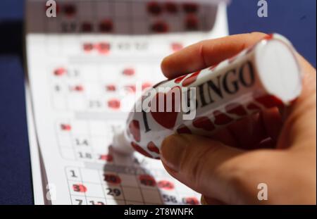 Livre de jeu de bingo montrant les numéros de marquage de la main d'une personne Banque D'Images