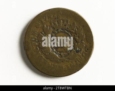 Sol des colonies françaises de Louis XV, 1767 surfrappé 'RF' en 1793, Anonyme, graveur en médailles, Array, Numismatique, pièces, Dimensions - oeuvre : diamètre : 2,8 cm, poids (dimension du type) : 11,34 g. Banque D'Images