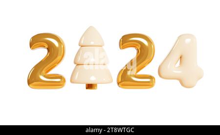 2024 texte gonflable de ballon d'or avec l'illustration de rendu 3d d'arbre de Noël. Banque D'Images