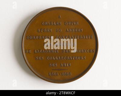 Pierre Charles François, baron Dupin (1784-1873), membre de l'Académie des Sciences, 1868, Bovy, Antoine, graveur en médailles, en 1868, Numismatique, Médaille, Dimensions - oeuvre : diamètre : 5 cm, poids (dimension type) : 55,05 g. Banque D'Images
