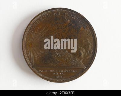 Paix de Lunéville, 20 Pluviose an IX (9 février 1801), Droz, Jean-Pierre, graveur en médailles, tableau, Numismatique, Médaille, Dimensions - oeuvre : diamètre : 5,5 cm, poids (dimension du type) : 72,95 g. Banque D'Images