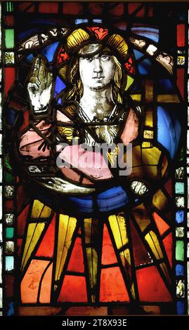 Vitrail gothique, oeuvre de Gil de Fontanet, maître verrier, 15e siècle. Musée de Montserrat. Catalogne, Espagne. Banque D'Images