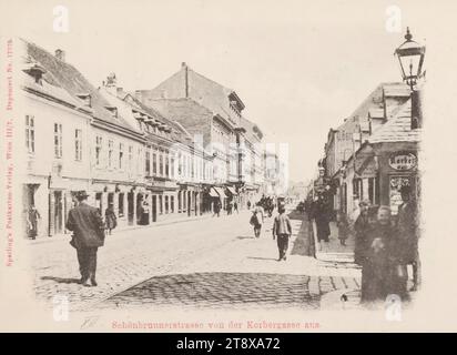 12e, Schönbrunner Straße - vue de hauteur Korbergasse contre Gaudenzdorfer Gürtel, carte postale, Sperlings Postkartenverlag (M. M. S.), Producteur, 1900-1905, paperboard, Collotype, hauteur×largeur 9×14 cm, 12e arrondissement : Meidling, rue, la maison habituelle ou rangée de maisons, immeuble plat, maison, maison combinée avec magasin, avec des personnes, la collection Vienne Banque D'Images