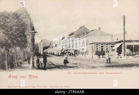 12e, Schönbrunner Straße - vue de hauteur Theresienbad direction hors de la ville, carte postale, Sperlings Postkartenverlag (M. M. S.), Producteur, 1900-1905, carton, collotype, hauteur×largeur 9×14 cm, 12e arrondissement : Meidling, rue, la maison habituelle ou rangée de maisons, immeuble plat, maison, maison combinée avec magasin, éclairage public, avec des personnes, poteau télégraphique, poteau téléphonique, la collection Vienne Banque D'Images