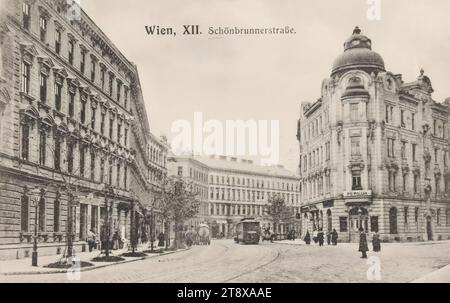 12e, Schönbrunner Straße - vue de hauteur Ruckergasse vers Schönbrunn, carte postale, Brüder Kohn KG (B. K. W. I.), Producteur, 1905-1909, carton, collotype, hauteur×largeur 9×14 cm, Transports publics, circulation et transports, 12e arrondissement : Meidling, rue, la maison ou rangée de maisons habituelles, l'immeuble d'habitation, la maison combinée avec magasin, arbres, chemin de fer, tramway ; chemin de fer à crémaillère, avec les gens, wagon (ferme), wagon de marchandises, charrette, la collection Vienne Banque D'Images