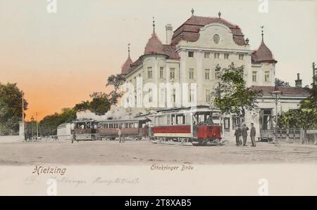 13th, Hietzinger Hauptstraße 30-32 - Ottakringer Bräu (aujourd'hui Restaurant Plachutta), carte postale, Hans Nachbargauer, Producteur, 1903-1904, carton, colorisé à la main, hauteur×largeur 9×14 cm, Hôtellerie et Restauration, Transports publics, circulation et transports, 13e arrondissement : Hietzing, chemin de fer, tramway ; chemin de fer à crémaillère, avec les gens, la collection Vienne Banque D'Images