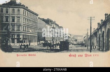 17e, Hernalser Gürtel - avec arches de chemin de fer de ville, carte postale, Carl (Karl) Ledermann Jr, fabricant, date vers 1898, carton, collotype, hauteur×largeur 9×14 cm, transports en commun, chemin de fer urbain, circulation et transports, 17e arrondissement : Hernals, rue, la maison habituelle ou rangée de maisons, faible hauteur, logement, maison combinée avec magasin, avec les gens, la collection de Vienne Banque D'Images