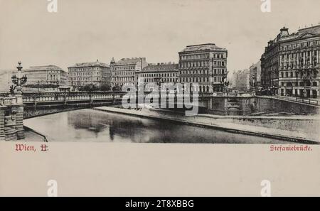 Canal du Danube - Pont Salztor (anciennement Pont Stephanie), carte postale, Emil Storch, producteur, 1899-1904, carton, collotype, hauteur×largeur 9×14 cm, Danube, Canal du Danube, canaux, plans d'eau (dans la ville), pont, maison ou rangée de maisons habituelles, immeuble de faible hauteur, immeuble d'appartements, maison combinée avec les affaires, la collection Vienne Banque D'Images