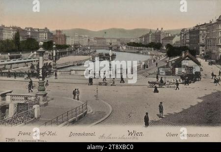 Canal du Danube - Pont Salztor (anciennement Pont Stephanie), carte postale, Carl (Karl) Ledermann Jr., producteur, 1905-1909, carton, couleur à la main, collotype, hauteur×largeur 9×14 cm, Danube, Canal du Danube, canaux, plans d'eau (en ville), pont, avec des gens, lampadaires, la collection Vienne Banque D'Images