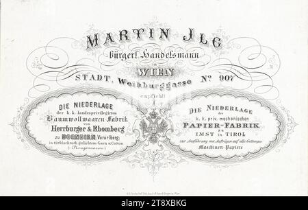 Label de l'entreprise, carte de visite de Martin Ilg, 'Bürgerlicher Handelsmann', Weihburggasse, Stadt 907, Vienne, Eduard Sieger (1810-1876), institut de lithographie, date vers 1840, papier, lithographie, hauteur×largeur 8, 3×12, 9 cm, médias et communication, bourgeoisie, Biedermeier, Publicité, Commerce, Services, Industrie et production, 1e arrondissement : Innere Stadt, aigle à deux têtes, carte de visite, carte d'appel, étiquette nominative, badge, la collection Vienne Banque D'Images