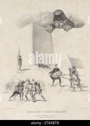 LA SITUATION POLITIQUE D'OESTREICH." (Caricature de la Révolution de 1848), Josef le Jeune Lanzedelli (Lancedelli ; Lancedelli) (1807-1879), lithographe, Jakob Loder, Imprimeur, veuve d'Anton Paterno, maison d'édition, 1848, papier, lithographie à la craie, hauteur 36 cm, largeur 27, 2 cm, caricature, satire, la politique, les révolutions de 1848, 1849, le soldat ; la vie du soldat, la collection Vienne Banque D'Images