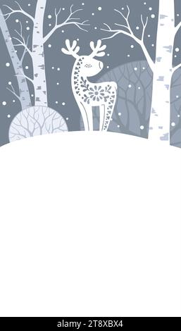 Bannière verticale Winter Forest Animal. Silhouette dessinée à la main de cerf dans le style scandinave à motifs Illustration de Vecteur