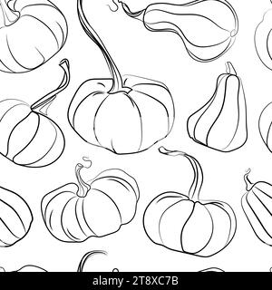 Citrouille Seamless Pattern dessin vectoriel dessin d'art au trait noir et blanc illustration.peut être utilisé comme élément dans les travaux de conception pour le jour de Thanksgiving, Halloween ou Illustration de Vecteur