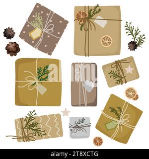 Cadeaux de Noël en papier kraft set vue de dessus.Vector illustration isolée.DIY boîtes de présents rustiques dans des emballages artisanaux avec des noeuds de ficelle et des branches de sapin, Illustration de Vecteur