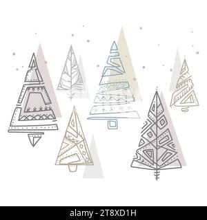 Arbres de Noël dans le style scandi Joyeux Noël et dessin vectoriel de collection folklorique de vacances du nouvel an.modèle arbre de Noël de style scandinave Illustration de Vecteur