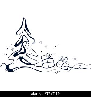 Arbre de Noël avec bannière d'art de ligne de cadeaux, carte de voeux de Noël, concept de vacances d'hiver vecteur de conception de ligne continue illustration noir et blanc. Illustration de Vecteur