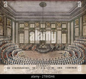 L'inauguration de l'Académie militaire Joséphine pour chirurgiens à Vienne en 7. Novembre 1785, Johann Hieronymus Löschenkohl (1753-1807), maison d'édition, 1786, papier, colorisé, gravure sur cuivre, taille de feuille 44×51 cm, éducation et formation, universités, Santé, militaire, beaux-arts, 9e arrondissement : Alsergrund, architecture civique ; édifices ; habitations - AA - architecture civique : intérieur, ouverture officielle, cérémonie d'ouverture, dédicace, dévoilement, Josephinum, intérieur  représentation d'un bâtiment, la Collection Vienne Banque D'Images