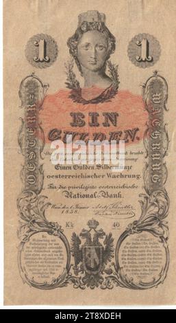 Instruction, 1 florin, Peter Johann Nepomuk Geiger (1805-1880), artiste, Privilegierte Österreichische National-Bank, MINT Authority, 01.01.1858, papier, impression, hauteur 127 mm, largeur 73 mm, territoire de la monnaie, Autriche, Empire (1804-1867), Finances, armoiries (symbole de l'Etat, etc.), femme, tête (humaine), billet de banque, l'argent, la collection Vienne Banque D'Images