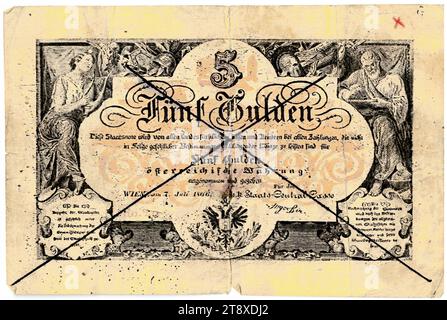 Staatsnote (Fälschung), 5 Gulden, K. K. Staats-Central-casse, Mint Authority, date postérieure au 07.07.1866, papier, impression, largeur 134 mm, hauteur 88 mm, menthe, Wien, territoire de la monnaie, Österreich, Kaiserreich (1804-1867), Finances, contrefaçon, falsification, armoiries (symbole de l'État, etc.), billet de banque, argent, collection de Vienne Banque D'Images