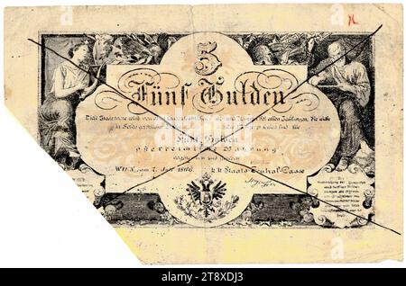 Staatsnote (Fälschung), 5 Gulden, K. K. Staats-Central-casse, Mint Authority, date postérieure au 07.07.1866, papier, impression, largeur 136 mm, hauteur 89 mm, menthe, Wien, territoire de la monnaie, Österreich, Kaiserreich (1804-1867), Finances, contrefaçon, falsification, armoiries (symbole de l'État, etc.), billet de banque, argent, collection de Vienne Banque D'Images