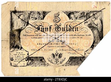 Staatsnote (Fälschung), 5 Gulden, K. K. Staats-Central-casse, Mint Authority, date postérieure au 07.07.1866, papier, impression, largeur 95 mm, hauteur 89 mm, menthe, Wien, territoire de la monnaie, Österreich, Kaiserreich (1804-1867), Finances, contrefaçon, falsification, armoiries (symbole de l'État, etc.), billet de banque, argent, collection de Vienne Banque D'Images