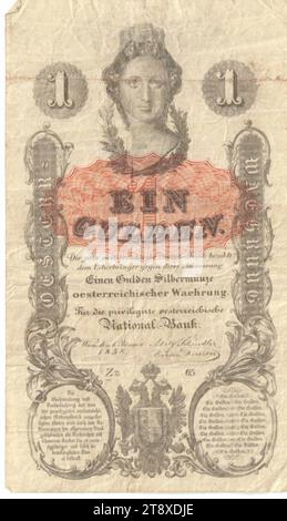 Instruction, 1 florin, Peter Johann Nepomuk Geiger (1805-1880), artiste, Privilegierte Österreichische National-Bank, Mint Authority, 01.01.1858, papier, impression, hauteur×largeur 126×73 mm, finance, armoiries (comme symbole de l'état, etc.), femme, tête (humaine), billet de banque, l'argent, la collection Vienne Banque D'Images