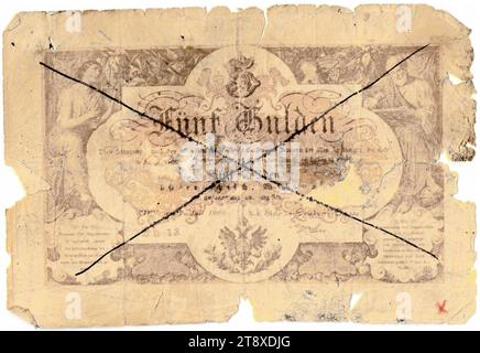 Staatsnote (Fälschung), 5 Gulden, K. K. Staats-Central-casse, Mint Authority, date postérieure au 07.07.1866, papier, impression, largeur 136 mm, hauteur 92 mm, menthe, Wien, territoire de la monnaie, Österreich, Kaiserreich (1804-1867), Finances, contrefaçon, falsification, armoiries (symbole de l'État, etc.), billet de banque, argent, collection de Vienne Banque D'Images