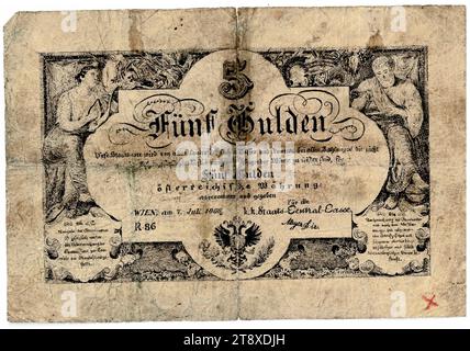 Staatsnote (Fälschung), 5 Gulden, K. K. Staats-Central-casse, Mint Authority, date postérieure au 07.07.1866, papier, impression, largeur 135 mm, hauteur 92 mm, menthe, Wien, territoire de la monnaie, Österreich, Kaiserreich (1804-1867), Finances, contrefaçon, falsification, armoiries (symbole de l'État, etc.), billet de banque, argent, collection de Vienne Banque D'Images