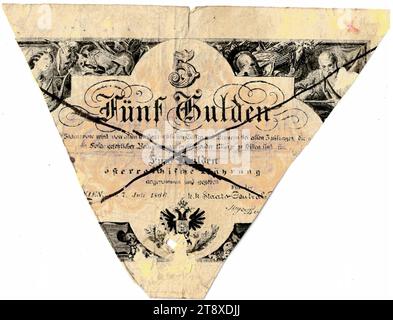 Staatsnote (Fälschung), 5 Gulden, K. K. Staats-Central-casse, Mint Authority, date postérieure au 07.07.1866, papier, impression, largeur 115 mm, hauteur 88 mm, menthe, Wien, territoire de la monnaie, Österreich, Kaiserreich (1804-1867), Finances, contrefaçon, falsification, armoiries (symbole de l'État, etc.), billet de banque, argent, collection de Vienne Banque D'Images