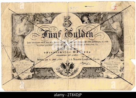 Staatsnote (Fälschung), 5 Gulden, K. K. Staats-Central-casse, Mint Authority, date postérieure au 07.07.1866, papier, impression, largeur 135 mm, hauteur 89 mm, menthe, Wien, territoire de la monnaie, Österreich, Kaiserreich (1804-1867), Finances, contrefaçon, falsification, armoiries (symbole de l'État, etc.), billet de banque, argent, collection de Vienne Banque D'Images