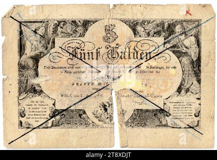 Staatsnote (Fälschung), 5 Gulden, K. K. Staats-Central-casse, Mint Authority, date postérieure au 07.07.1866, papier, impression, largeur 127 mm, hauteur 89 mm, menthe, Wien, territoire de la monnaie, Österreich, Kaiserreich (1804-1867), Finances, contrefaçon, falsification, armoiries (symbole de l'État, etc.), billet de banque, argent, collection de Vienne Banque D'Images