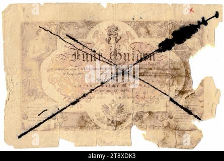 Staatsnote (Fälschung), 5 Gulden, K. K. Staats-Central-casse, Mint Authority, date postérieure au 07.07.1866, papier, impression, hauteur 91 mm, largeur 134 mm, menthe, Wien, territoire de la monnaie, Österreich, Kaiserreich (1804-1867), Finances, contrefaçon, falsification, armoiries (symbole de l'État, etc.), billet de banque, argent, collection de Vienne Banque D'Images