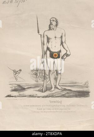 Proposition, pour un équipement simple et uniforme des forces armées fédérales, (...)' (Caricature sur proposition du député Wernher von Nierstein à l'Assemblée nationale de Francfort 1848), Alphons von Boddien (1802-1857), lithographe, Eduard Gustav May (1818-1907), éditeur, 1848, papier, colorisé, lithographie à la craie, hauteur 30, 3 cm, largeur 21, 9 cm, caricature, satire, militaire, révolutions de 1848, 1849, le soldat ; la vie du soldat, la collection de Vienne Banque D'Images