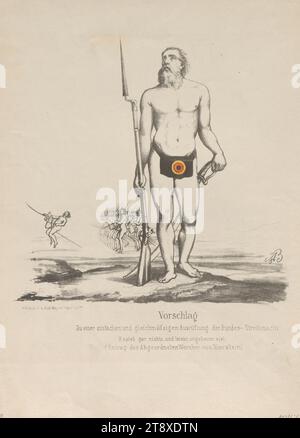 Proposition d'un équipement simple et uniforme des forces armées fédérales (...)". (Caricature sur proposition du député Wernher von Nierstein à l'Assemblée nationale de Francfort 1848), Alphons von Boddien (1802-1857), lithographe, Eduard Gustav May (1818-1907), éditeur, 1848, papier, colorisé, lithographie à la craie, hauteur 30, 5 cm, largeur 22 cm, caricature, satire, militaire, révolutions de 1848, 1849, le soldat; la vie du soldat, la collection Vienne Banque D'Images